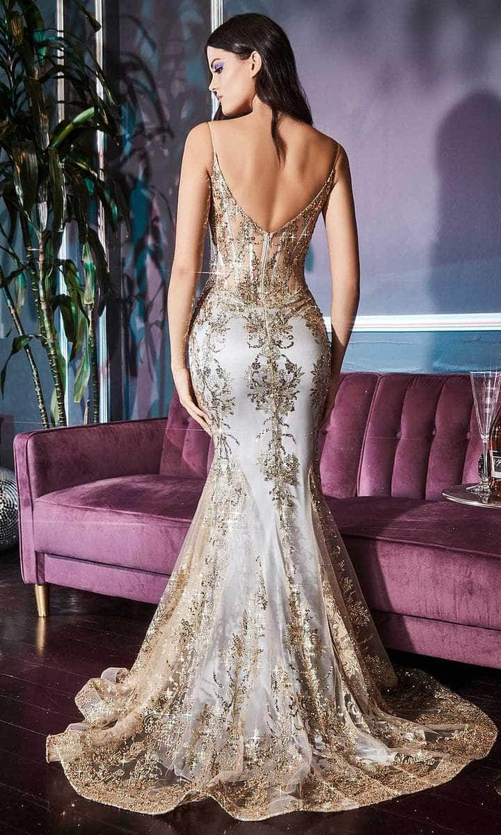 V-Neck Glitter Lace Evening Gown