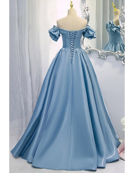 Gorgeous Off Shoulder Blue Long Prom Dress with Laceup