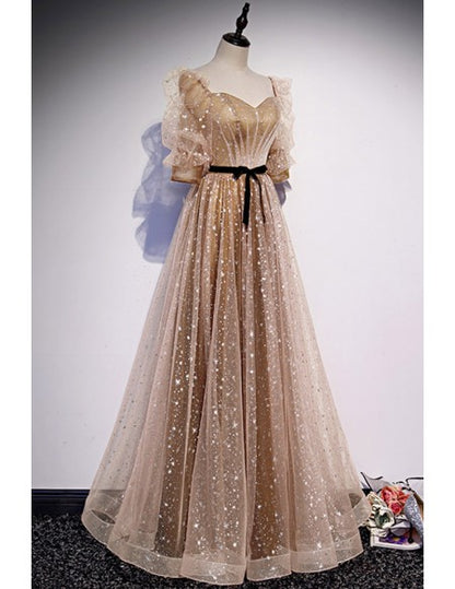 Elegant Champagne Gold Prom Dress with Sleeves Open Back