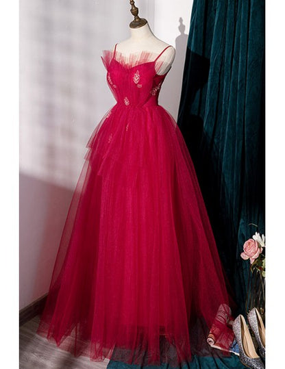 Burgundy Puffy Long Tulle Prom Dress with Spaghetti Straps