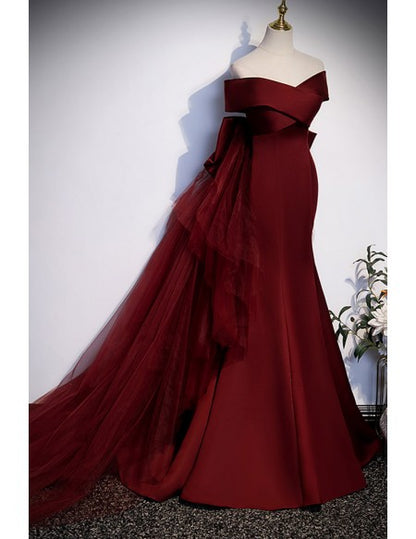 Burgundy Mermaid Satin Prom Dress with Big Bow Train In Back