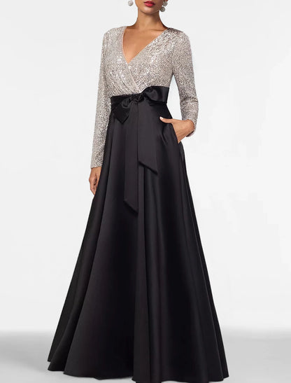 A-Line Evening Gown Elegant Dress Formal Floor Length Long Sleeve V Neck Fall Wedding Guest Satin with Sequin Pocket