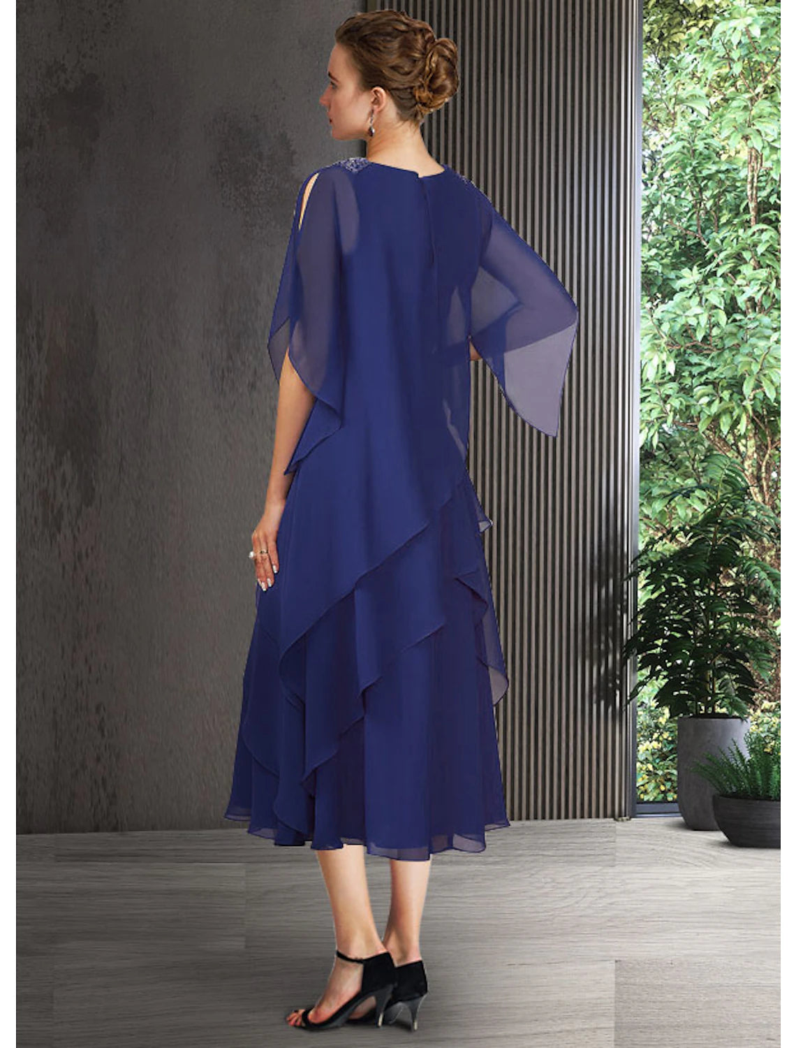 A-Line Mother of the Bride Dress Elegant Jewel Neck Tea Length Chiffon Half Sleeve with Cascading Ruffles