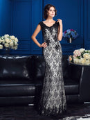 Sheath/Column V-neck Lace Sleeveless Long Satin Mother of the Bride Dresses