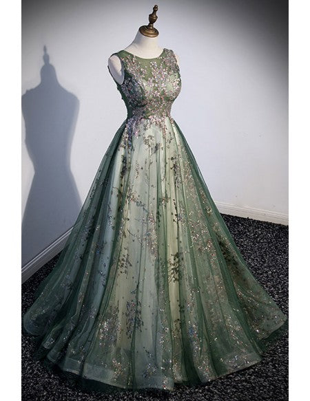 Green Tulle Sleeveless Prom Dress with Sparkly Sequins