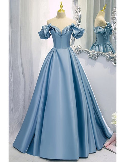 Gorgeous Off Shoulder Blue Long Prom Dress with Laceup