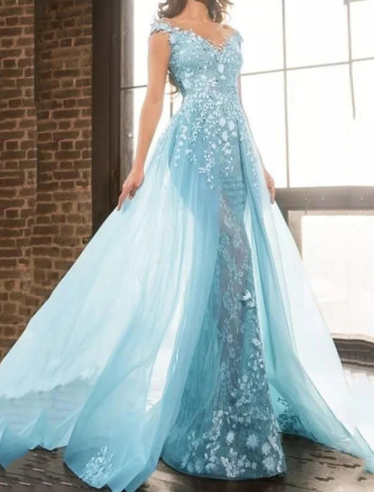 Mermaid / Trumpet Luxurious Floral Engagement Formal Evening Dress V Neck Short Sleeve Floor Length Tulle with Appliques