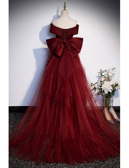 Burgundy Mermaid Satin Prom Dress with Big Bow Train In Back