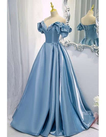 Gorgeous Off Shoulder Blue Long Prom Dress with Laceup