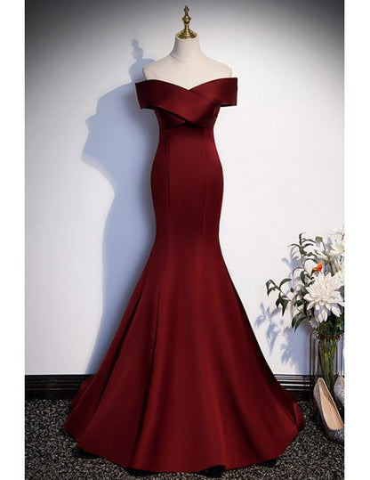 Burgundy Mermaid Satin Prom Dress with Big Bow Train In Back