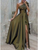 Women's Prom Dress Party Dress Satin Dress Long Dress Maxi Dress Army Green Sleeveless Pure Color Ruffle Spring Fall Winter One Shoulder Fashion Winter Dress Evening Party Wedding Guest