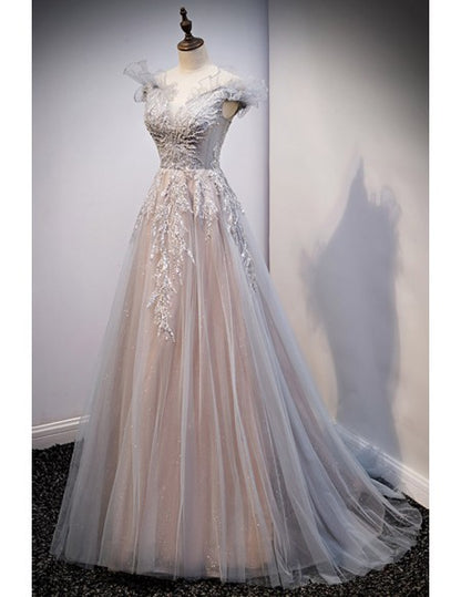 Stunning Grey Tulle Off Shoulder Prom Dress with Embroidered Sequins