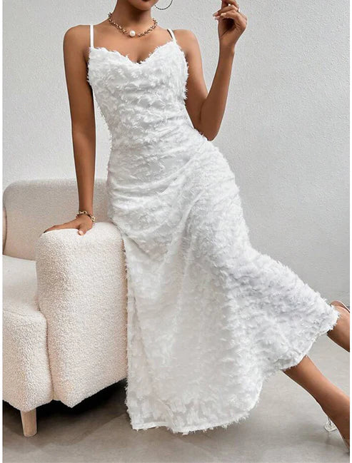 Weitese Women's Prom Dress Party Dress Feather Dress Long Dress Maxi Dress White Sleeveless Plain Backless Summer Spring Fall Spaghetti Strap Elegant Wedding Guest Birthday Evening Party