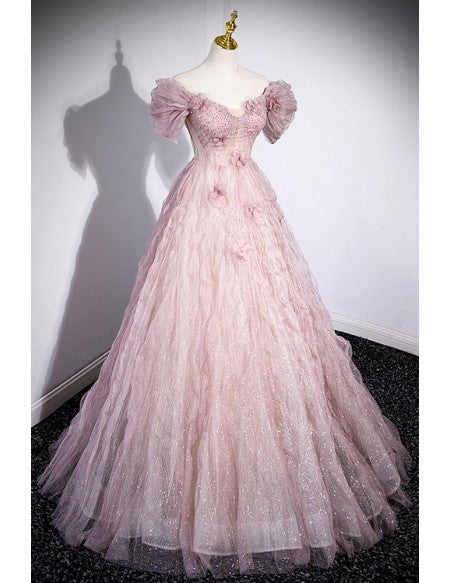 Bling Ruffled Tulle Long Ballgown Pink Prom Dress with Flowers