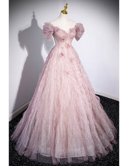 Bling Ruffled Tulle Long Ballgown Pink Prom Dress with Flowers