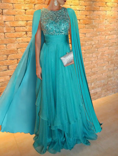 A-Line Evening Gown Elegant Dress Wedding Guest Wedding Party Floor Length Short Sleeve Jewel Neck Capes Chiffon with Appliques Shawl