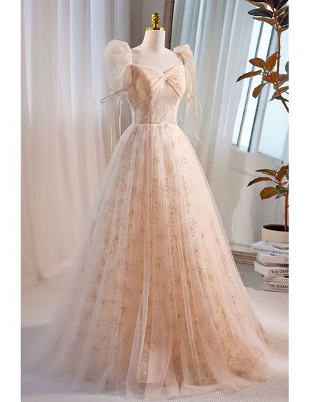 Beautiful Champagne Flowy Long Tulle Prom Dress with Bubble Sleeves