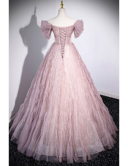 Bling Ruffled Tulle Long Ballgown Pink Prom Dress with Flowers