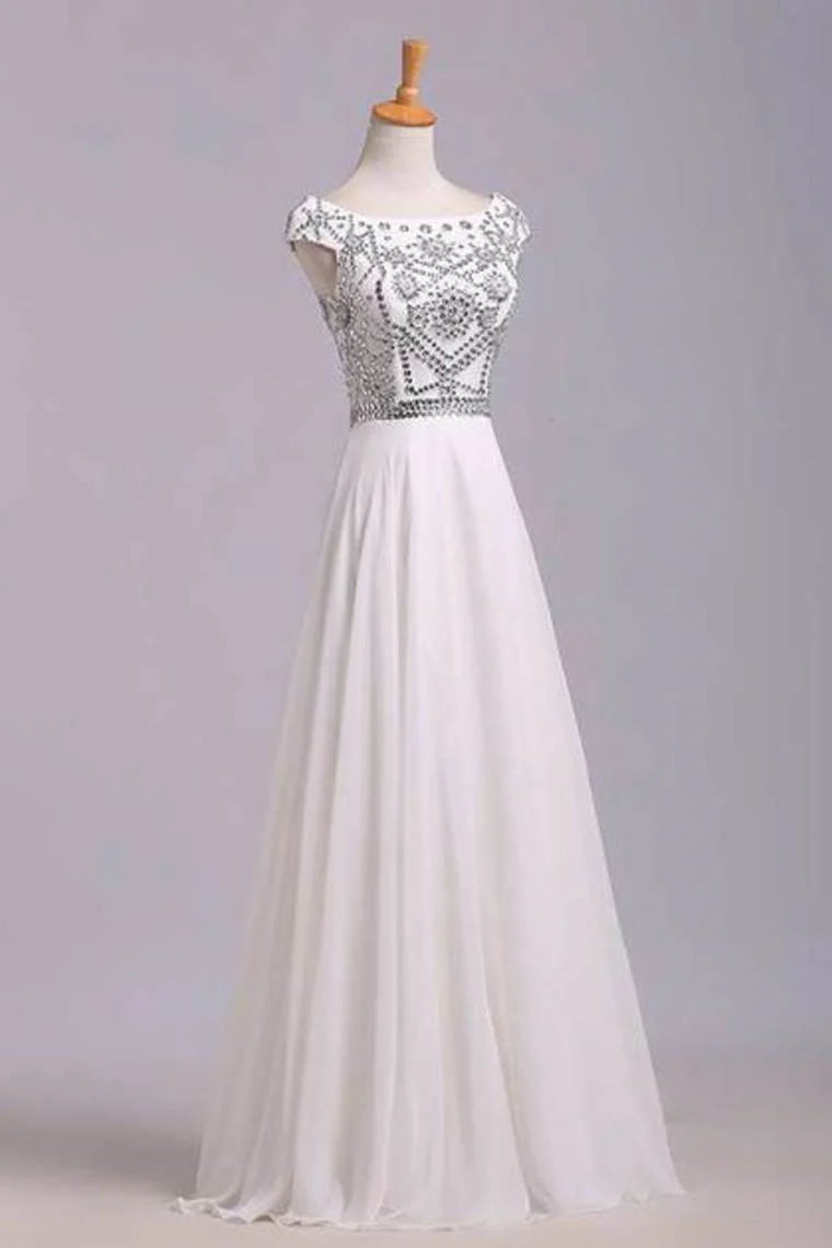 A Line High Scoop Neck Floor Length Ivory Chiffon Beading Party Dress