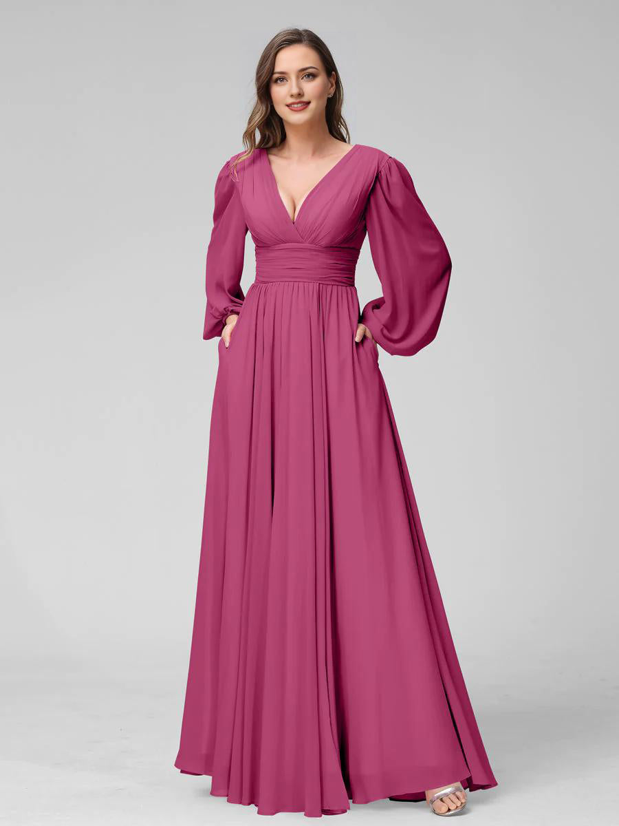 A-Line V-Neck Long Sleeves Long Chiffon Bridesmaid Dresses With Split