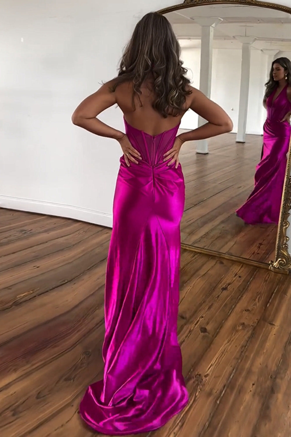 Mermaid Halter Neck Backless Long Satin Prom Dress With Split