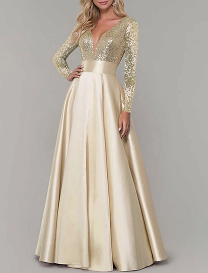 A-Line Evening Gown Elegant Dress Prom Birthday Floor Length Long Sleeve V Neck Fall Wedding Guest Satin with Pleats Sequin