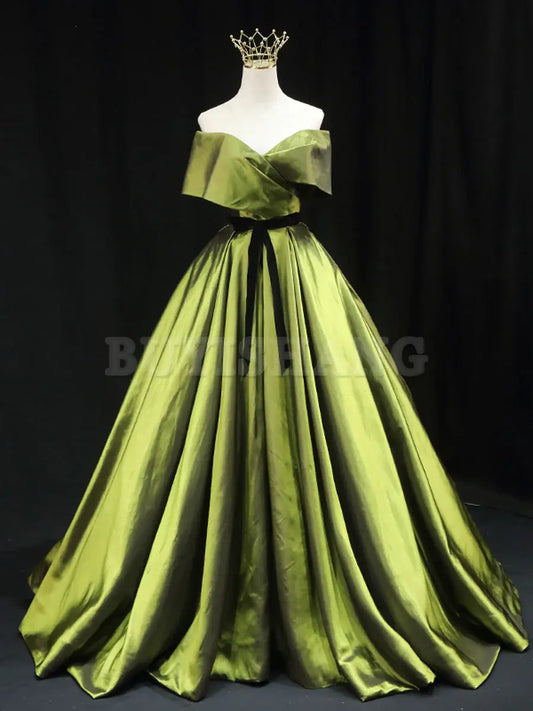 Buyishang Green A line Satin Long Prom Dress Green Satin Formal Evening Dresses prom dress in store