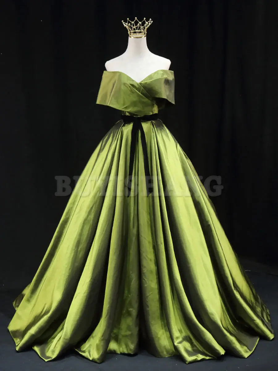 Buyishang Green A line Satin Long Prom Dress Green Satin Formal Evening Dresses prom dress in store