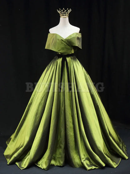 Buyishang Green A line Satin Long Prom Dress Green Satin Formal Evening Dresses prom dress in store