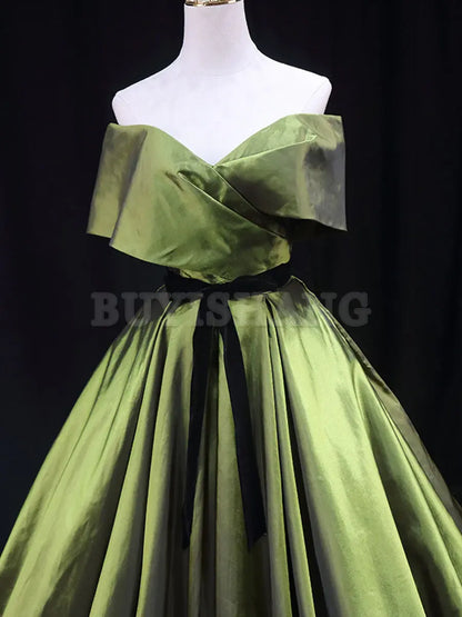 Buyishang Green A line Satin Long Prom Dress Green Satin Formal Evening Dresses prom dress in store