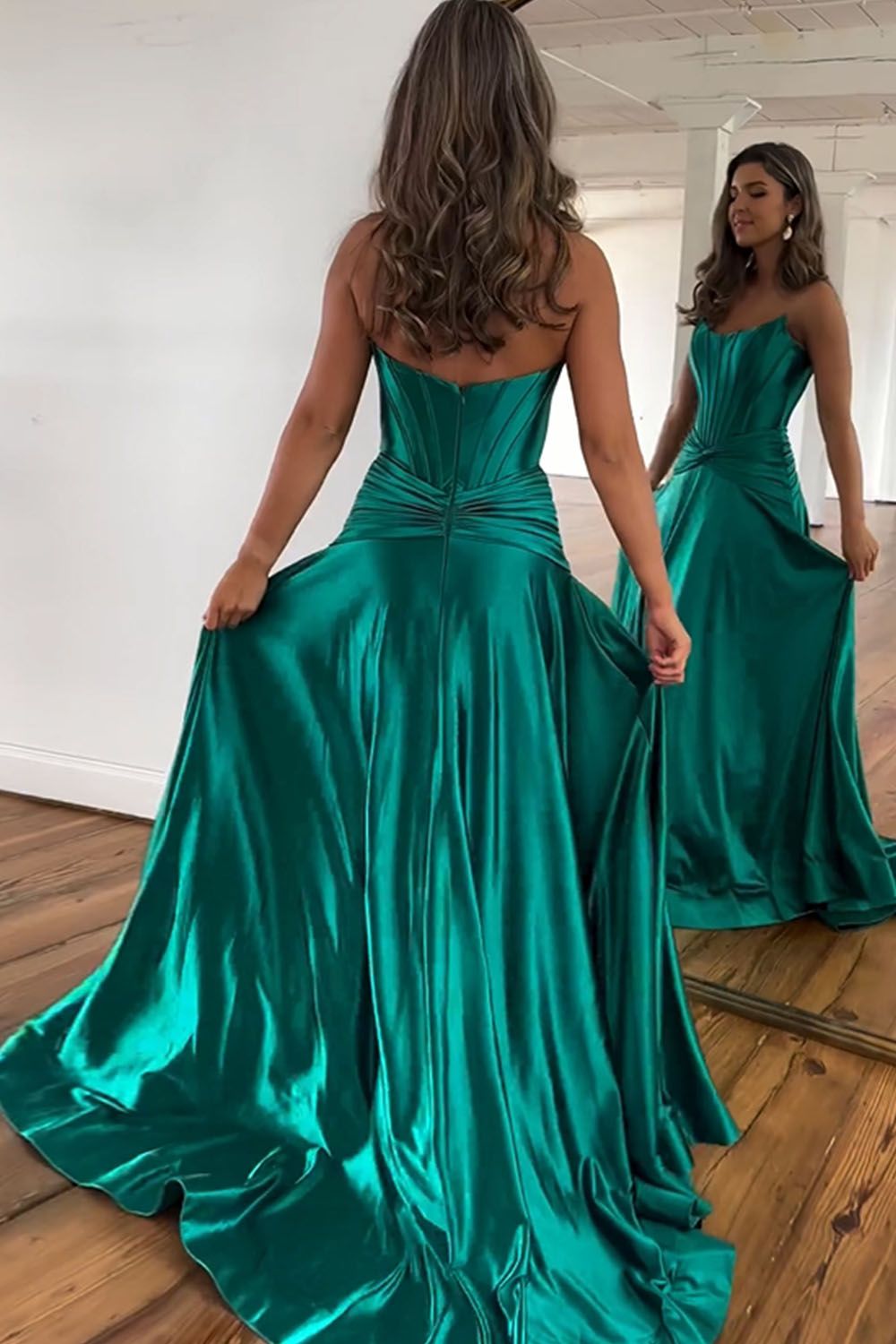 Strapless A-Line Long Satin Prom Party Dress With Split