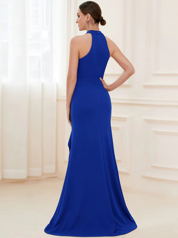 Ruffled Front Slit Cinched Waist Halter Sleeveless Evening Dress