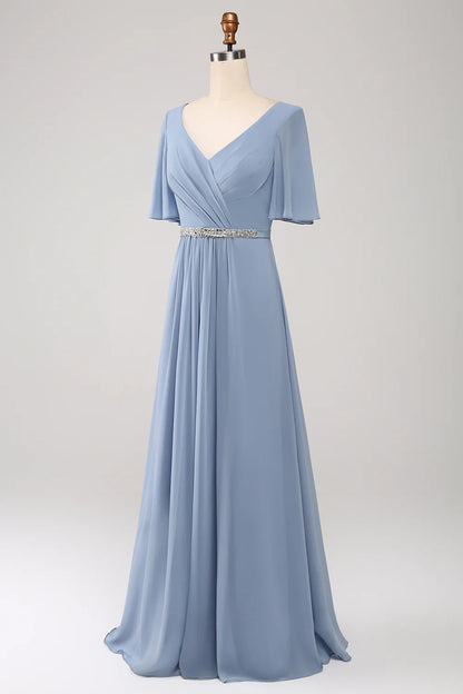 A-Line Chiffon Dusty Blue Long Bridesmaid Dress with Beaded Waist