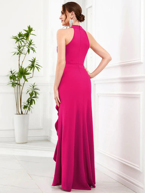 Ruffled Front Slit Cinched Waist Halter Sleeveless Evening Dress