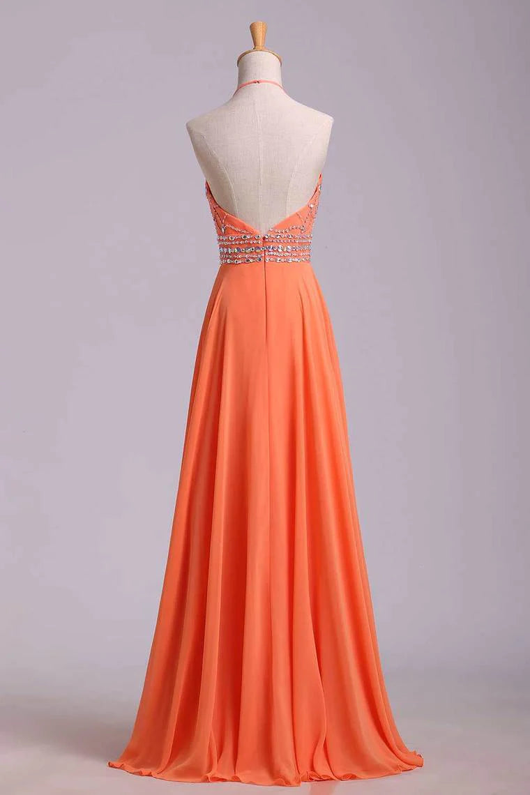 Halter Party Dress Beaded Bodice A Line Chiffon Long Chic Dresses