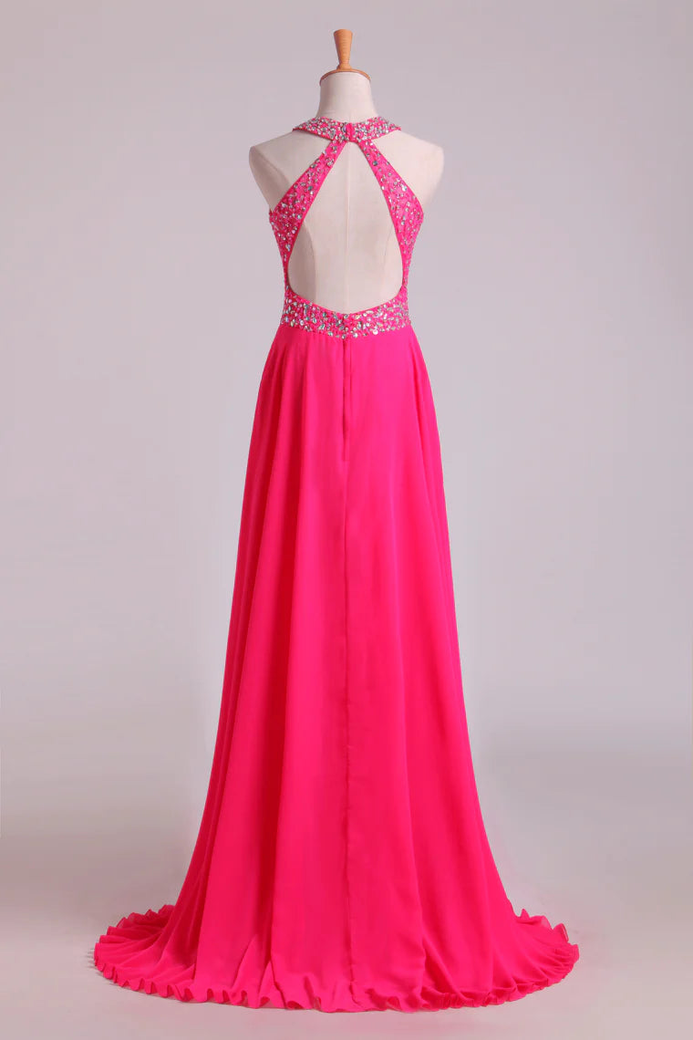 Halter Party Dresses Beaded Bodice Open Back A Line Chiffon