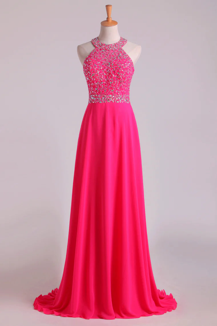 Halter Party Dresses Beaded Bodice Open Back A Line Chiffon