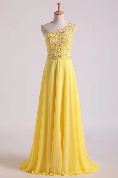 Hot One Shoulder A Line Party Dress Beaded Tulle And Chiffon Court Train