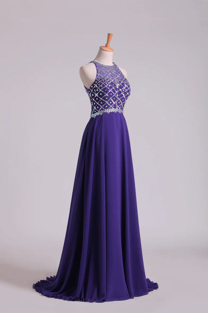 Party Dresses A Line Scoop Beaded Bodice Chiffon Sweep Train