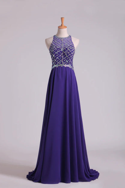 Party Dresses A Line Scoop Beaded Bodice Chiffon Sweep Train