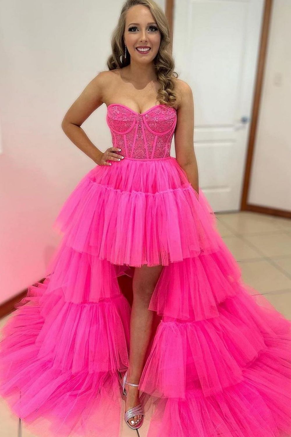 Hot Pin High-Low Sweetheart Sweep Train Ruffle Tulle Prom Dress