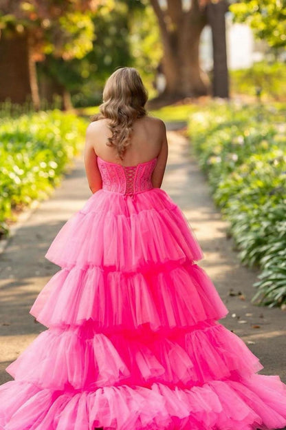 Hot Pin High-Low Sweetheart Sweep Train Ruffle Tulle Prom Dress