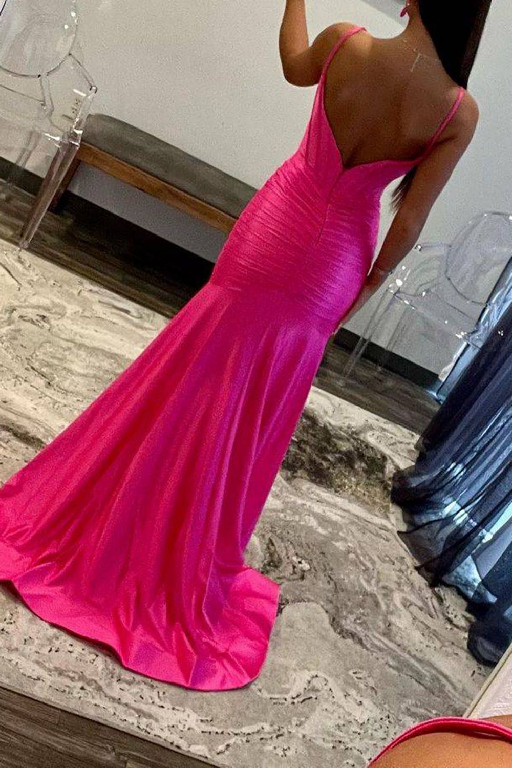 Hot Pink Mermaid Spaghetti Straps Long Satin Prom Dress With Split