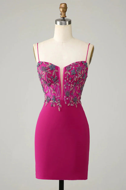 Stylish Bodycon Spaghetti Straps Fuchsia Short Homecoming Dress with Beaded