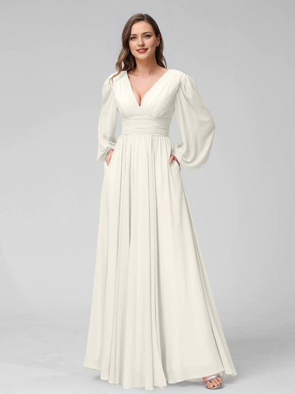 A-Line V-Neck Long Sleeves Long Chiffon Bridesmaid Dresses With Split