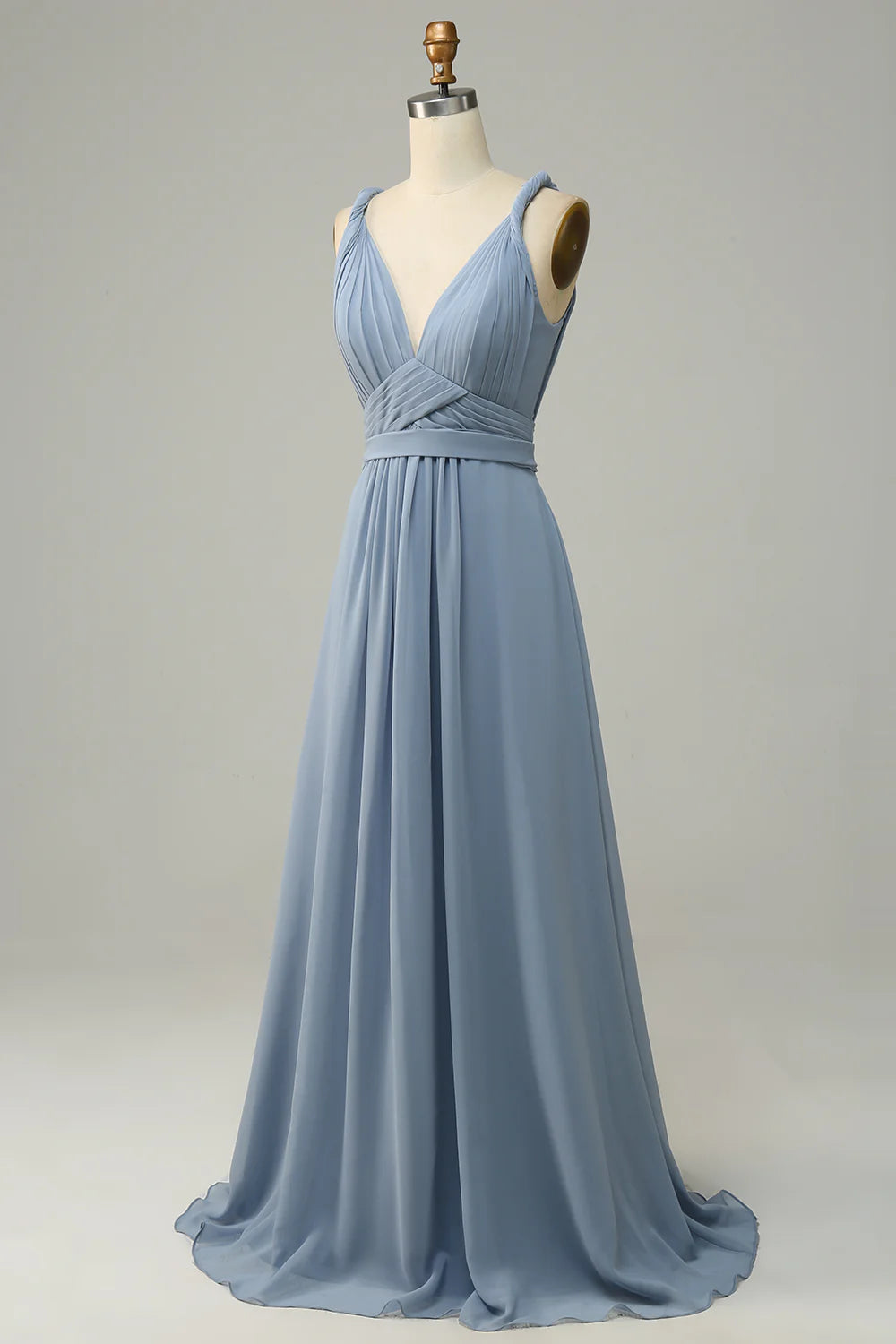 Dusty Blue Deep V Neck A Line Long Bridesmaid Dress