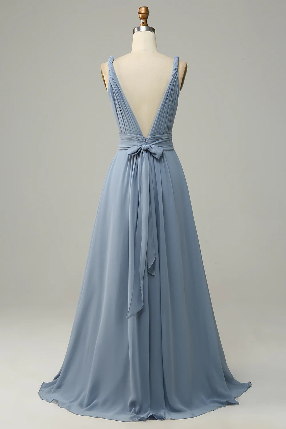 Dusty Blue Deep V Neck A Line Long Bridesmaid Dress