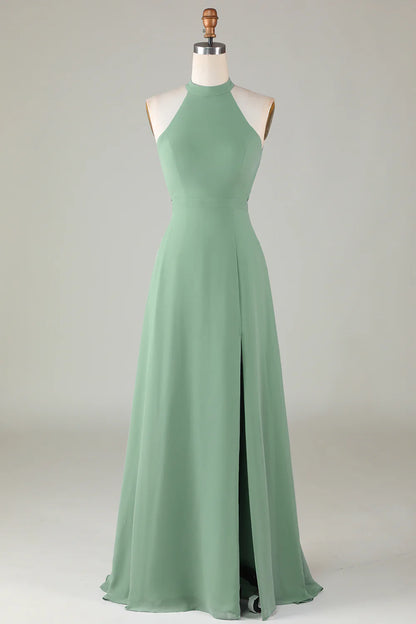 A-Line Halter Open Back Matcha Bridesmaid Dress with Split Front