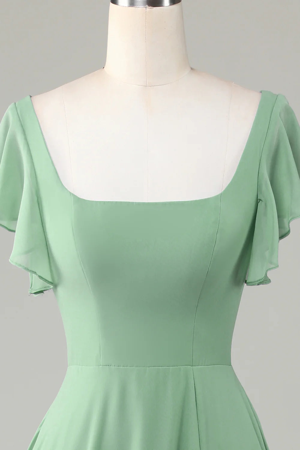 Square Neck Matcha Bridesmaid Dress with Ruffles