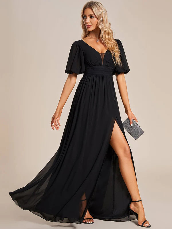 Chiffon Illusion V-Neck Flutter Sleeve Front Slit Evening Dress